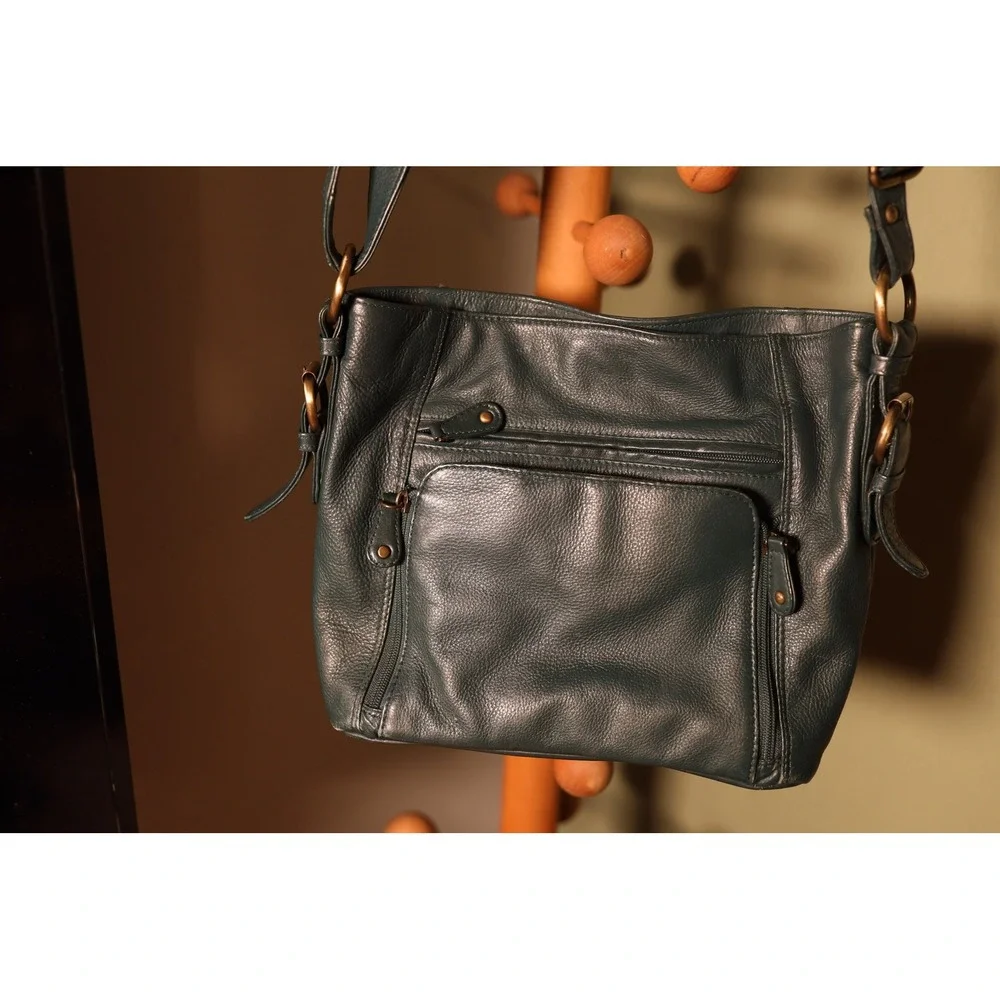 Great American Leatherworks Teal Leather Crossbody Organizer Bag Brass‎ Hardware
